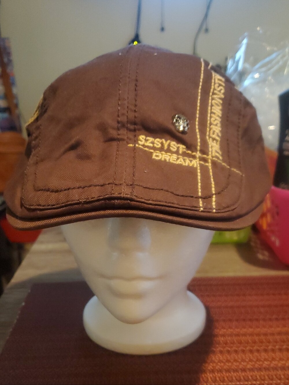 Brown Embroidered Cadet Cap with Yellow Stitching